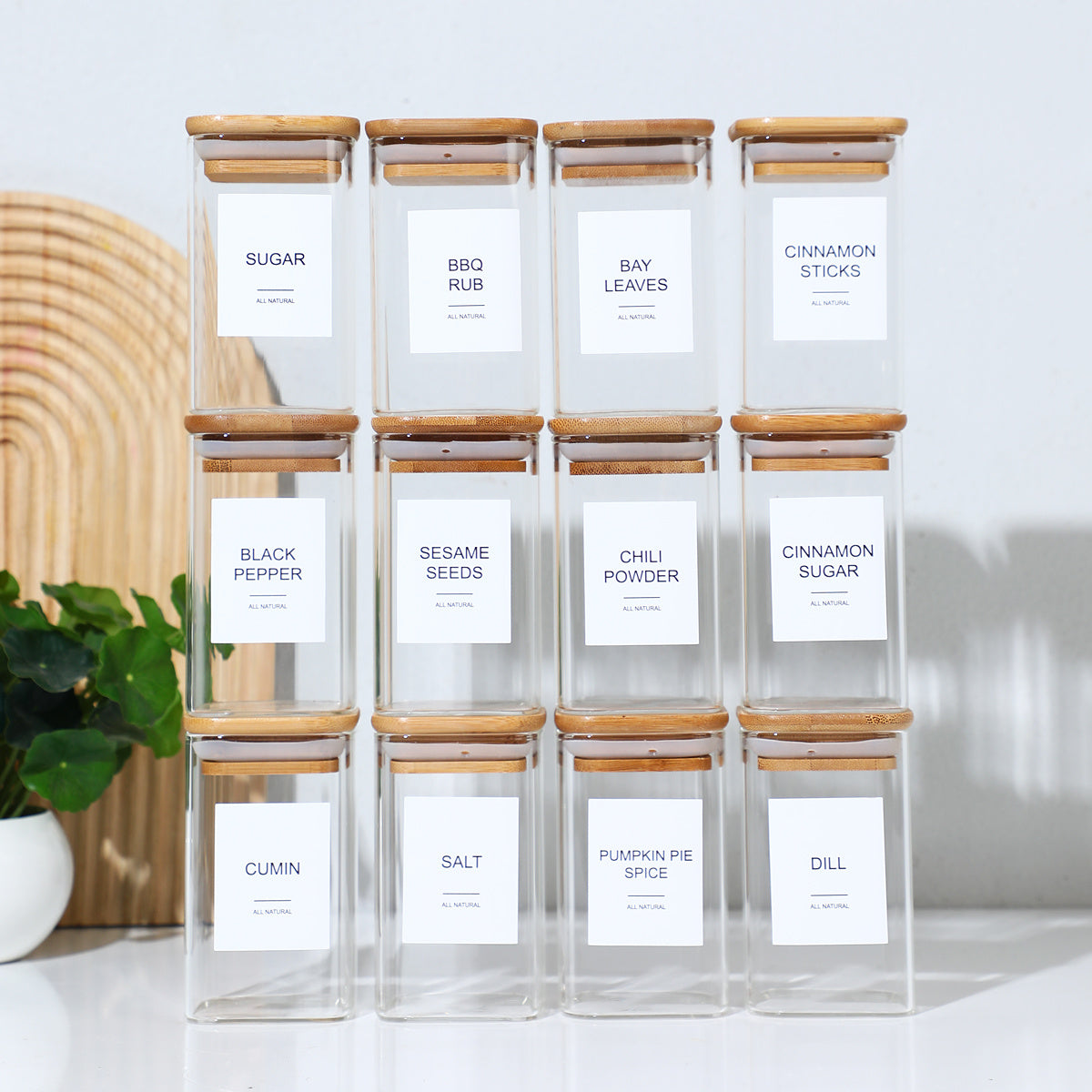 12Pcs Square Spice Jars With 72 Stickers, Kitchen Pepper Jars For Salt Seasoning