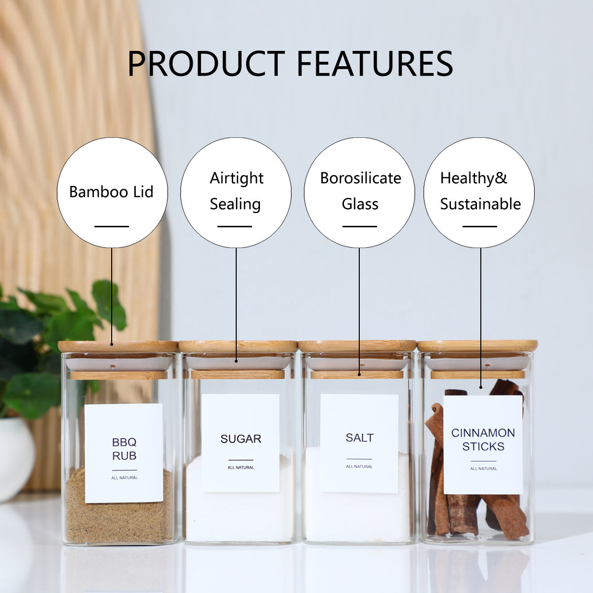 12Pcs Square Spice Jars With 72 Stickers, Kitchen Pepper Jars For Salt Seasoning