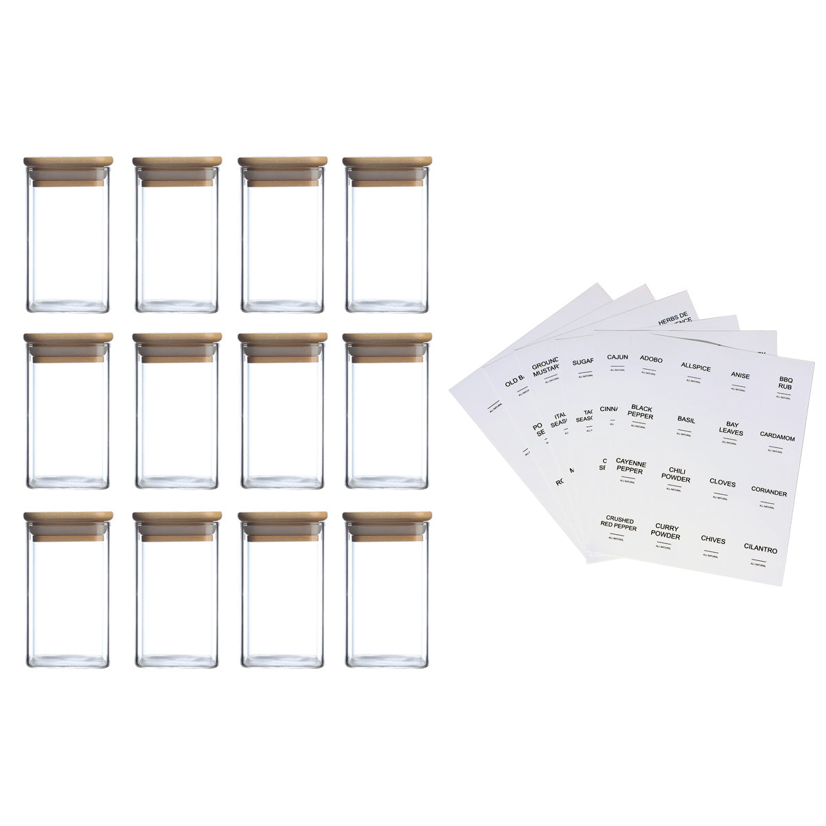 12Pcs Square Spice Jars With 72 Stickers, Kitchen Pepper Jars For Salt Seasoning